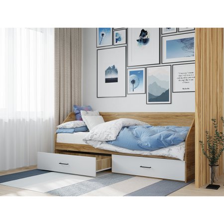 Ненси кровать 800/2 80х200 с ящиками с ручками (Дуб золотой/Белый)