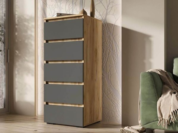 Хелен комод КМ 03 5 ящиков 502 (Дуб крафт золотой/Графит)