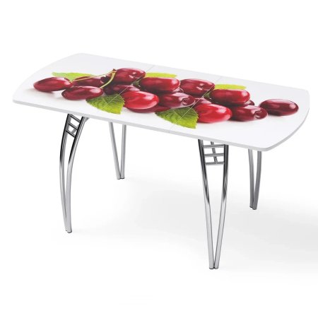 Стол "Вишня" раздвижной с фотопечатью (1500*700) стекло 4мм+лдсп 22мм белый