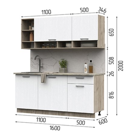 Кухня Рица 1,6м (Дуб крафт серый/Белый текстура)