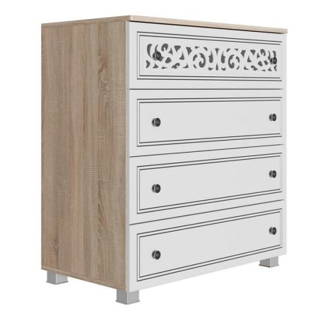Мадлен комод (Сонома светлый / матовая Ясень белый Эмаль Ф/п - Серебро)