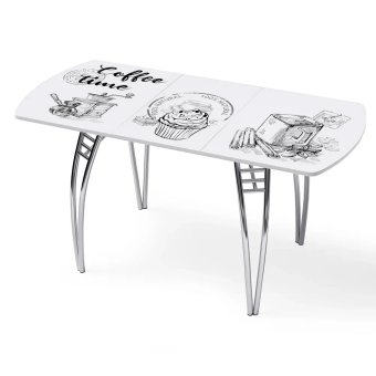 Стол "Кофе тайм" раздвижной с фотопечатью (1500*700) стекло 4мм+лдсп 22мм белый