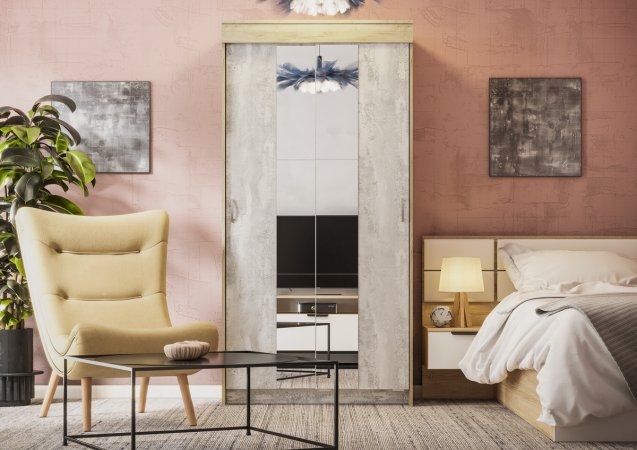 Шкаф-купе Бассо 1,0 м + 2 шт зеркало (Крафт серый/бетонный камень)